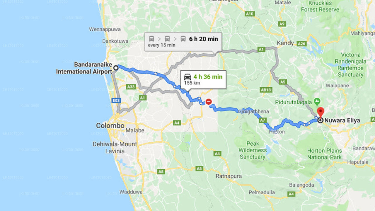 Transfer between Colombo Airport (CMB) and Windsor Hotel, Nuwara Eliya