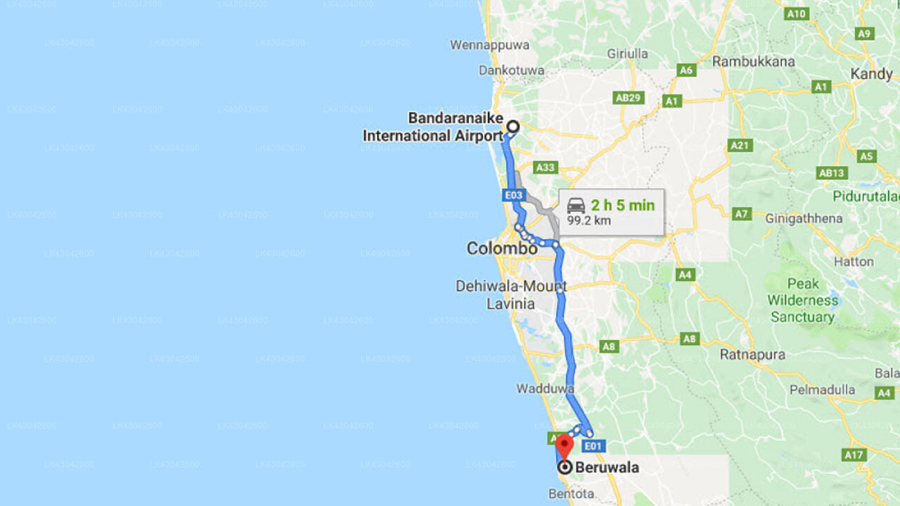 Transfer between Colombo Airport (CMB) and Tropical Villas, Beruwala