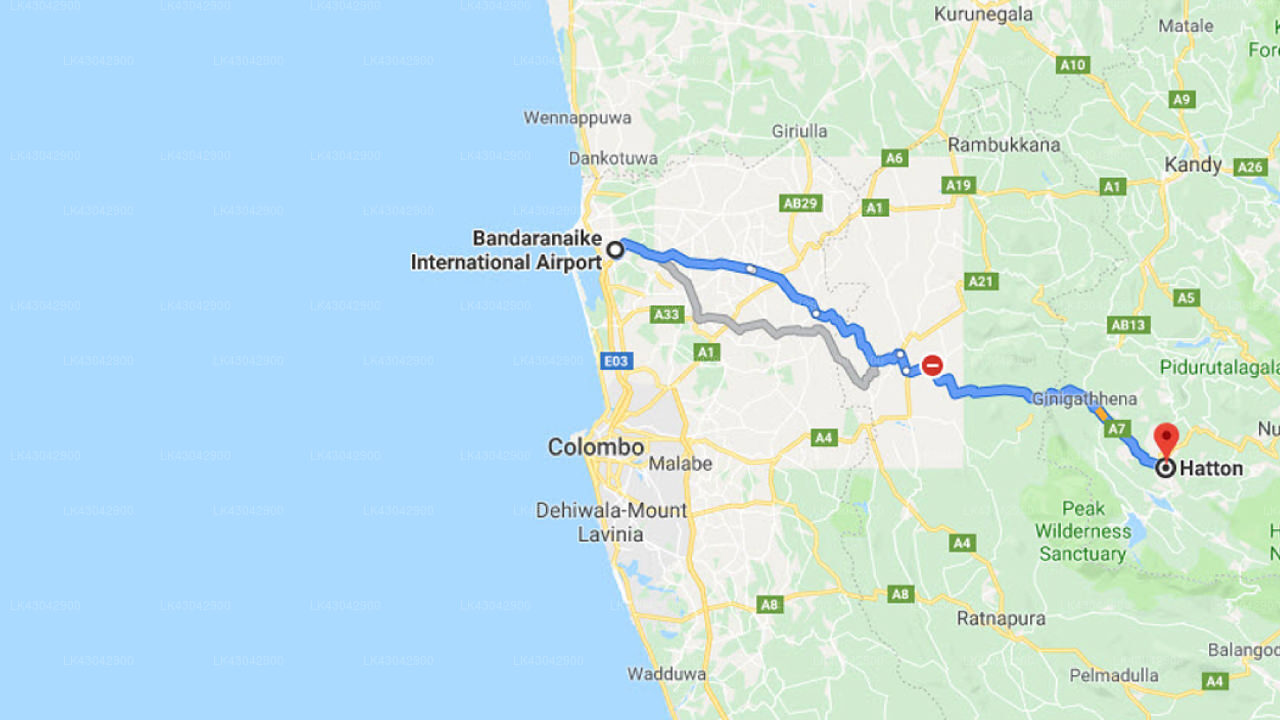 Transfer between Colombo (CMB) Airport and Tientsin Bungalow, Hatton