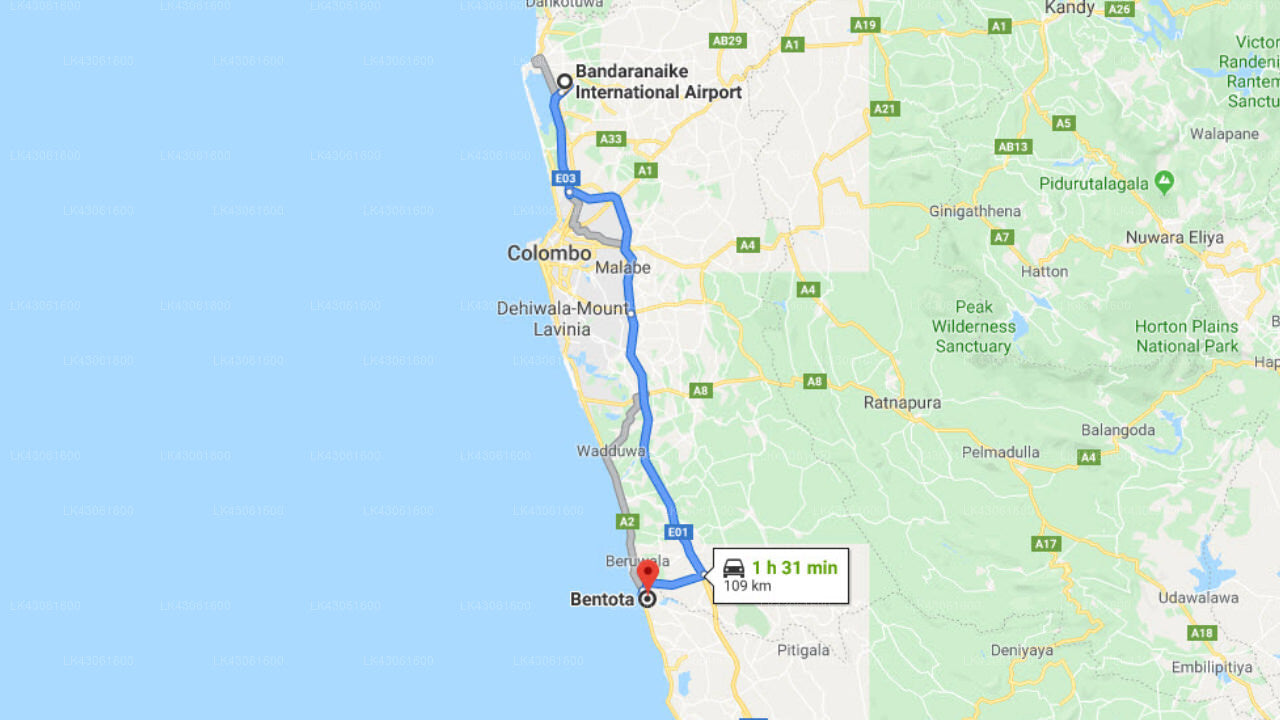 Transfer between Colombo Airport (CMB) and The Villa, Bentota