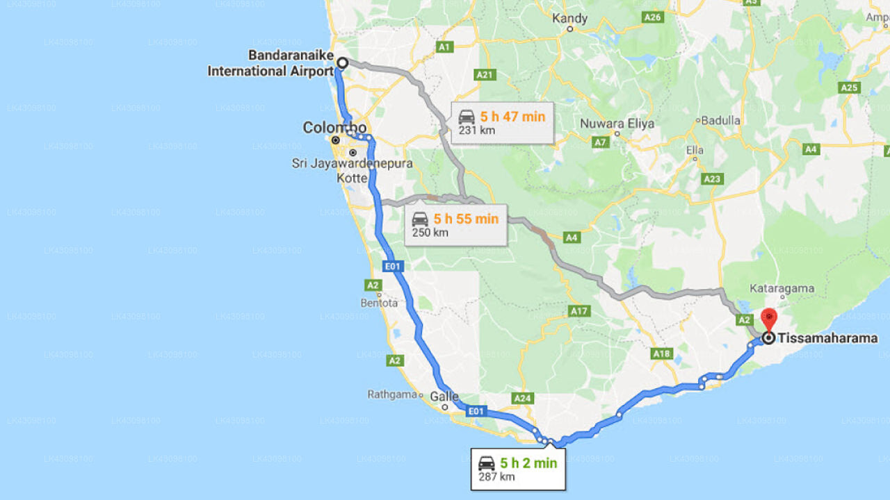 Transfer between Colombo Airport (CMB) and Yala Heights, Tissamaharama