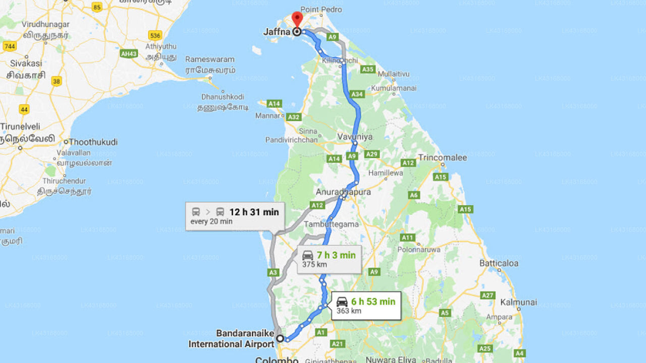 Transfer between Colombo Airport (CMB) and Jetwing Yarl, Jaffna