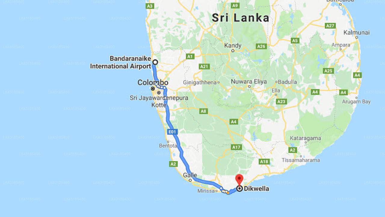 Transfer between Colombo Airport (CMB) and Peacock Villa Ayurveda Garden, Dikwella